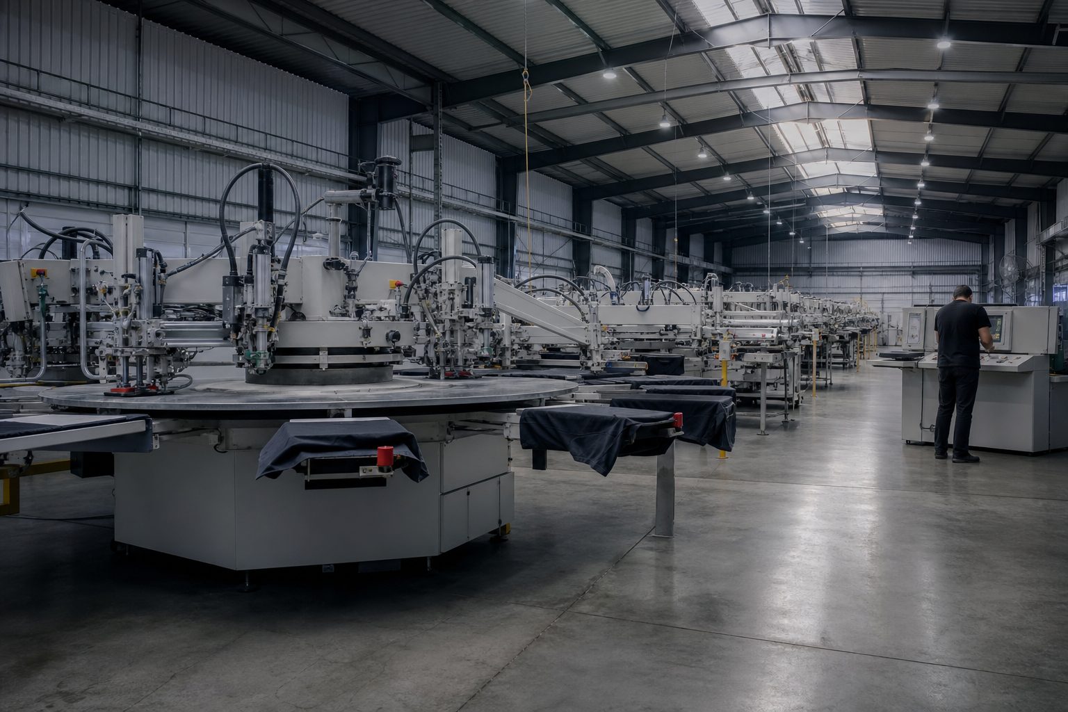Fotografia ilustrativa de carrosséis de estamparia numa nave industrial. Imagem de mockup, não é um retrato da fábrica.
